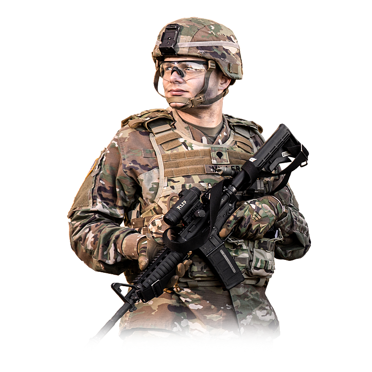 Army National Guard male soldier holding a service rifle.
